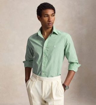 Polo Ralph Lauren para hombre. 710B15595011 Camisa de popelina con rayas Custom Fit verde (M), Casual, Algodón, Manga larga