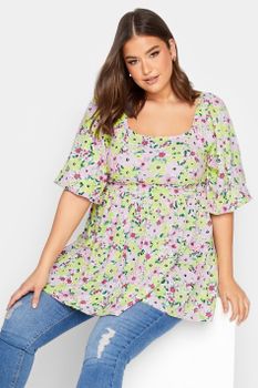 Yours Top Peplum De Flores Rosas Y Amarillas, Mujer Curvy Y Tallas Grandes, Yours