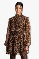 vestido holgado de chifon con atadura y estampado de leopardo brown
