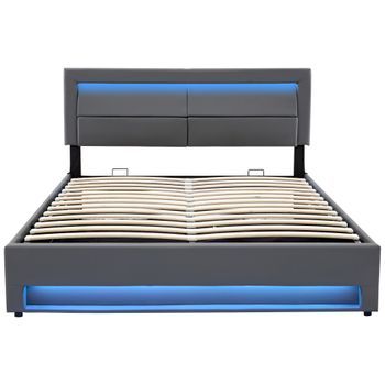 Cama Contenedor De Piel Sintética De 140x200 Cm Con Led - Con Puertos De Carga (por Cable E Inalámbrico) - Gris