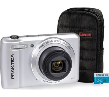 PRAKTICA Luxmedia Z212-S Compact Camera, Case & 32 GB MicroSD Memory Card Bundle - Silver, Silver
