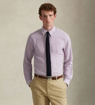 Polo Ralph Lauren para hombre. 710B15594003 Camisa de lino con rayas Custom Fit lila (M), Casual, Manga larga