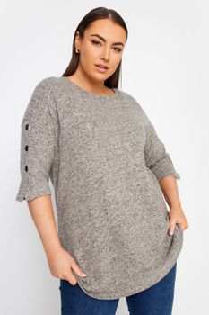Yours Jersey Gris Jaspeado Con Manga Francesa Con Botones, Mujer Curvy Y Tallas Grandes, Yours