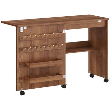 HOMCOM Mesa Máquina de Coser Plegable con Puerta Magnética 2 Compartimentos Estante 18 Soportes para Hilos 5 Ruedas Marrón