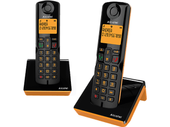 Teléfono - Alcatel S280 Duo, Inalámbrico, Bloqueo de llamadas, Agenda para 50 contactos, Manos libres, Negro y Naranja