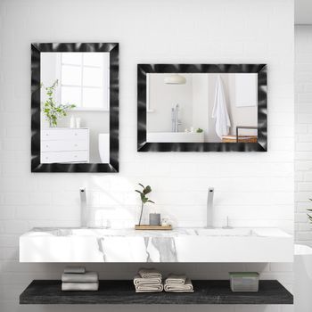 Espejo De Pared 106 X 71,5 Cm Estilo Rústico Con Marco De Madera Caucho Maciza Vertical Y Horizontal Para Baño Dormitorio Entrada Negro