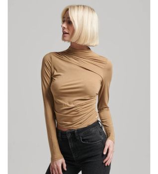 Superdry para mujer. W6011682A Camiseta fruncida con cuello perkins y manga larga marrón (M), Casual, Modal