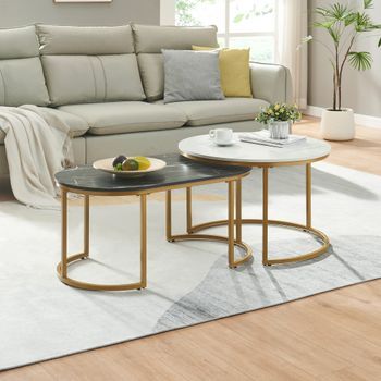 Set De 2 Mesas Nido Oppeerg Diseño Único - Mármol Negro Y Blanco / Dorado [en.casa]