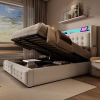 cama tapizada doble hidraulica cabecero led carga usb-c somier de listones marco de madera y metal capacidad 300 kg algodon beige 140x200