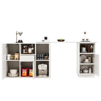 Isla De Cocina Giratoria 360 Con Almacenaje, Mesa De Bar Blanca Moderna En Forma De L, 210x30x100.9 Cm, Mdf.