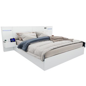 Cama Doble, 160x200 Cm, Madera, Usb, Reloj, Bluetooth, Led, 2 Mesitas De Noche, Blanca