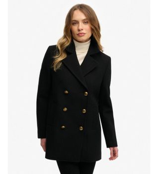 Superdry para mujer. W5012100A Chaquetón Double Breasted negro (S), Lana, Clásico