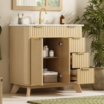Mueble De Baño De 81 Cm Con Lavabo Cerámico, 3 Cajones Y Puertas Dobles