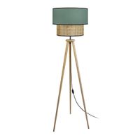 lampara de pie tripode madera oscuro pantalla verde petrole