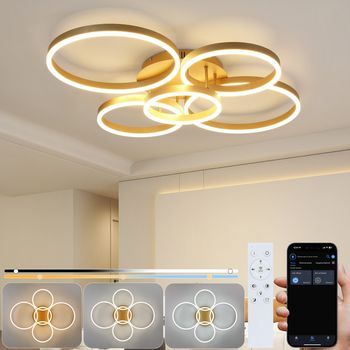 Nettlife Lámpara De Techo Led Para Sala De Estar, Regulable, 78 W, 3000-6500 K, 5 Anillos De Acrílico Moderno Dorado Con Control Remoto
