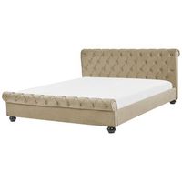 cama doble tapizada en terciopelo beige 180 x 200 cm con cabecero acolchado estilo glam avallon