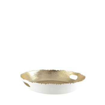 Bandeja redonda blanca y dorada martillada 33x33x5.5 cm