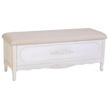 Banqueta De Madera Lacada Blanco Envejecido Y Acolchada 120x43x48h Cm