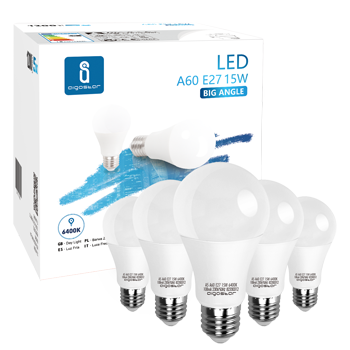Aigostar - 15W Bombilla LED A60, casquillo gordo E27, luz blanca fría 6400K, 1200 lúmenes, ángulo de apertura 280º, CRI> 80. No regulable. Caja de 5 unidades