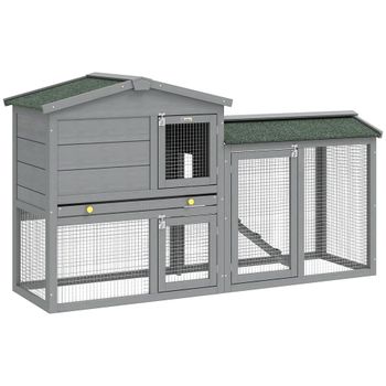 PawHut Conejera de Madera de 2 Niveles con Techo Asfáltico Bandeja Extraíble y Escalera para Exterior 150x45x85 cm Gris