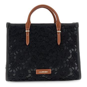 bolso shopping pequeño de macramé con asas efecto piel black