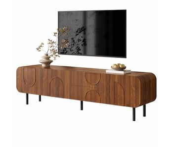 Mueble tv 3 puertas 2 cajones - estilo mid-century, ranuras verticales, relieves en arco, esquinas redondeadas, patas metálicas, pasacables, mueble de salón - nogal