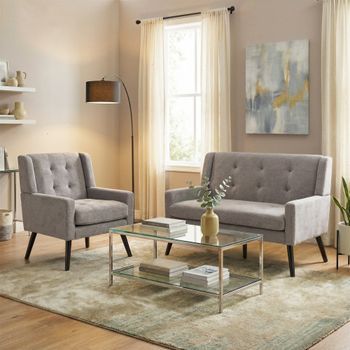 Set De Sillones - Mueble Para Salón Y Oficina - Tejido Y Madera - Gris Claro