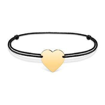 Pulsera textil negra grabada con corazón, dorada