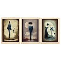 set de 3 posters ropa al estilo de t burton ilustraciones de profesiones y oficios inspiradas en arte gotico y oscuro diseno y decoracion de interiores a3 marcos madera clara nacnic