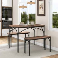 juego mesa comedor 3 piezas rectangular madera 2 bancos metal cocina marron