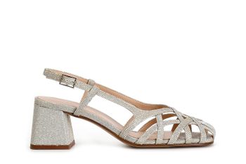 zapatos abiertos en tejido de lúrex con jaula trenzada asimétrica light gold