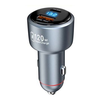Cargador de coche USB PD de 120 W de 2 puertos con USB-A+USB-C PD3.0 PPS3.0 Carga rápida para iPhone 17 17Pro 16 Pro Max
