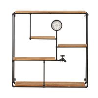 estanteria de hierro forjado negro y madera de pino con reloj