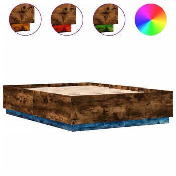 Cama Matrimonial | Cama Para Adultos | Estructura Cama Con Luces Led Madera Roble Ahumado 150x200 Cm