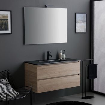 Mueble De Baño Suspendido 100 Cm Roble Con Lavabo Negro Mate Y Espejo Led | Berlin