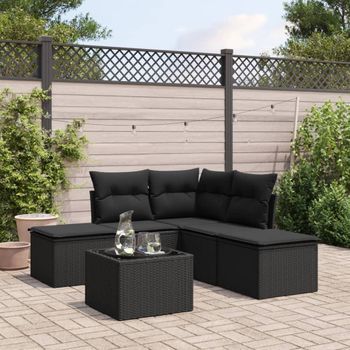 Conjunto De Sofás De Jardín 6 Uds | Mueble Jardin Mesa Y Sillas Y Cojines Ratán Sintético Negro Cfw813853
