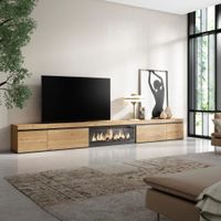 mueble tv efecto madera roble 368x35x45cm chimenea efecto fuego