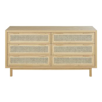 Cómoda de 6 cajones de chapa de roble y ratán 150 cm