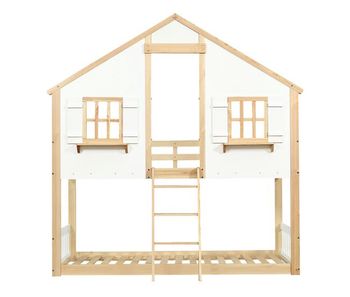 Litera infantil 90x200cm - ventanas y techo decorativos, somier estable, barandillas laterales - blanco+natural