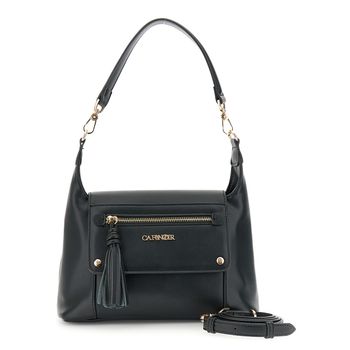 bolso saco pequeño efecto napa con solapa, bolsillo frontal con cremallera y tirador con borla black taglia unica