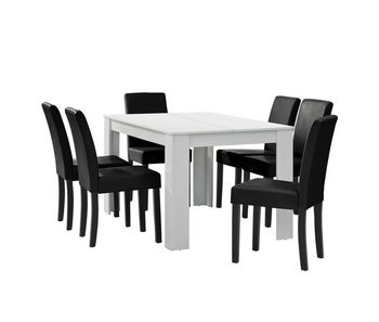 Mesa de comedor + 6 sillas forssa mdf y polipiel 140x90x77cm - blanco + negro [en.casa]