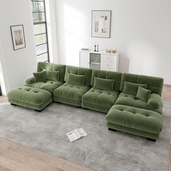 Sofá Modular Esquina 4 Plazas Con Chaise Longue Móvil, Felpilla Verde, Confort Nube, Combinación Diy