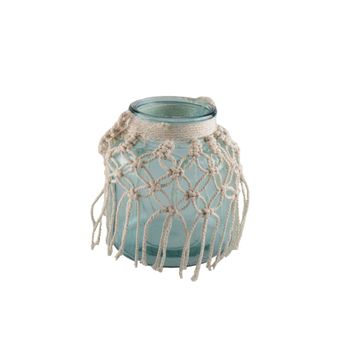 Jarrón de vidrio verde agua macramé h.16.5cm