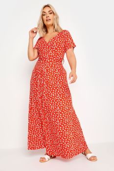 Yours Vestido Cruzado Largo Rojo Amapola De Flores , Mujer Curvy Y Tallas Grandes, Yours