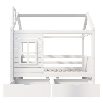 Cama Infantil Casita Blanca 80 X 160 Cm De Pino Con Ventana Y 2 Cajones