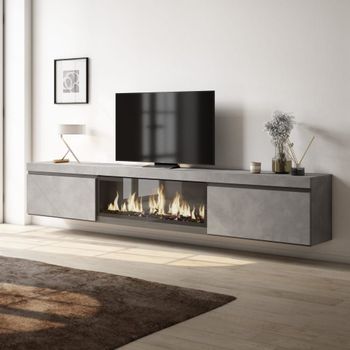 Mueble tv efecto madera cemento 267x35x45cm chimenea efecto fuego
