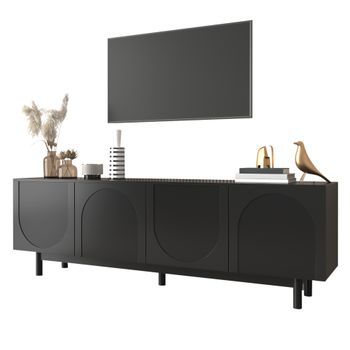 Mueble Para Tv - 4 Puertas Con Sistema De Apertura Por Presión Y Estantes Ajustables - Mdf Y Aglomerado - Negro (175x38x56cm)
