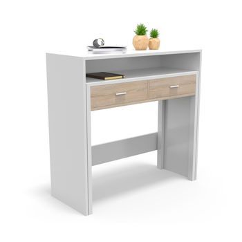 Consola Extensible, Mesa Escritorio Extensible, Mesa Estudio, Con Cajones Y Balda Blanco / Roble Dormidán