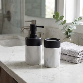 Set de baño 2 piezas de resina efecto mármol blanco y negro