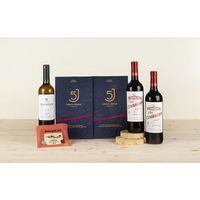 cesta gourmet con loncheado cinco jotas queso vino tinto y vino blanco